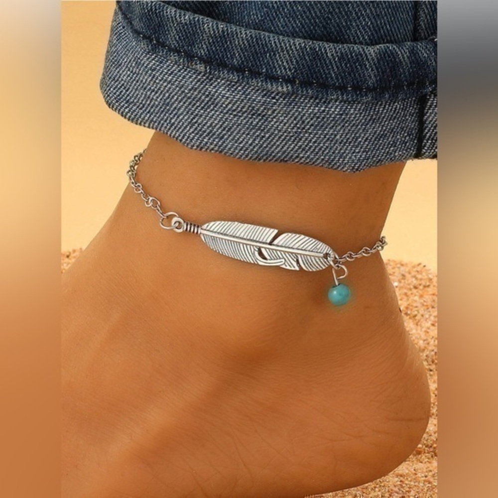 💋NWT Vintage Zinc Alloy Turquoise & Feather Decor Anklet Bracelet